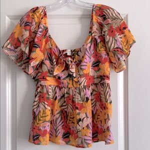 LOFT Orange and Pink Ruffled Peplum Blouse